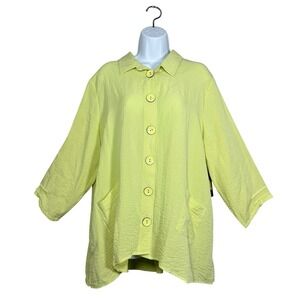 Ali Miles XL Green Yellow Button Front Blouse 3/4 Sleeve Pockets Lagenlook NWT